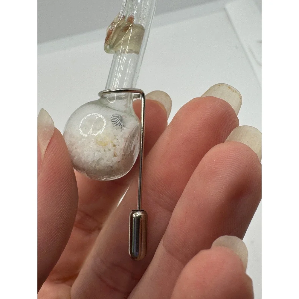Vintage Glass Vial Beach Sand Seashell Stick Pin Nautical Lapel Brooch Silver
